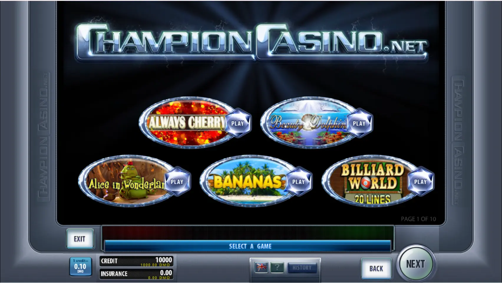 Зал Champion Casino в терминале Спортлото с выбором игр